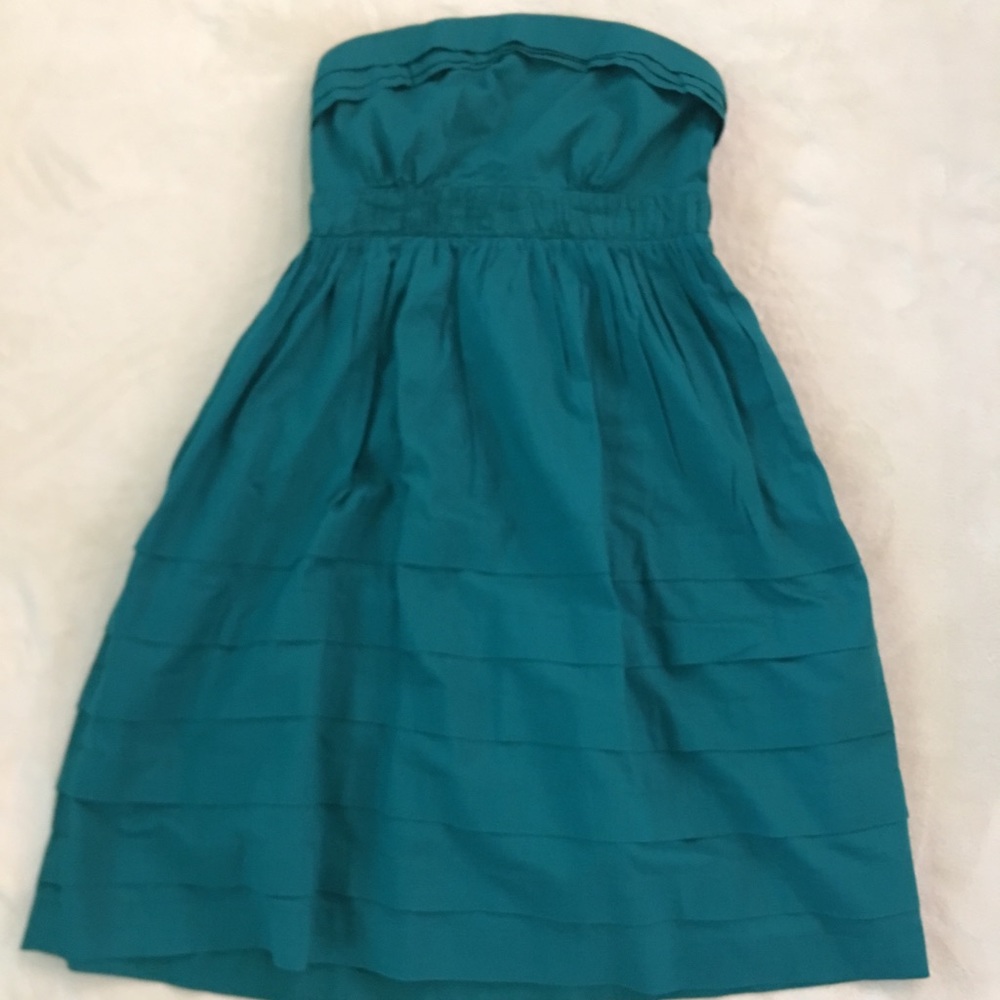 Teal strapless dress from Anthropologie.